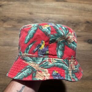 Vintage CSI Red Tropical Parrot Print Reversible Bucket Hat Mens OSFA
